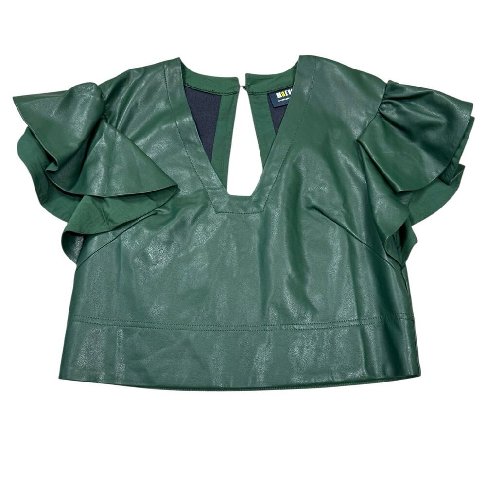 Anthropologie Maeve Green Faux Leather Crop Top XXS Ruffle Sleeve V-Neck NWT
